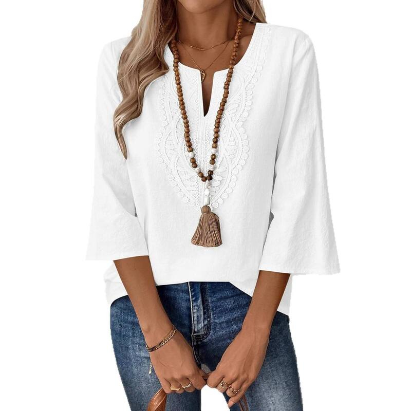 クリアフラワー レディース トップス Tシャツ Vネック レーストリム ブラウス レース リネン ClearFlower Women's Lace Trim V Neck Blouse, 3/4 Sleeve Linen Blend Casual Tunic Top White ホワイト｜ReVida 店