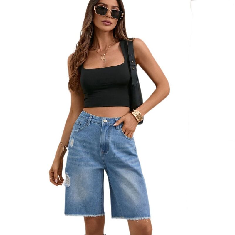 エリートチョイス レディース ボトムス ハーフパンツ・ショーツ ハイウエスト ショートパンツ デニム ジーンズ フリンジ Elitechoice Women Jorts Baggy Jeans Jorts Ripped Raw Hem Fringe Design High Waist Denim Y2K Shorts Light Blue ブルー|ReVida 店