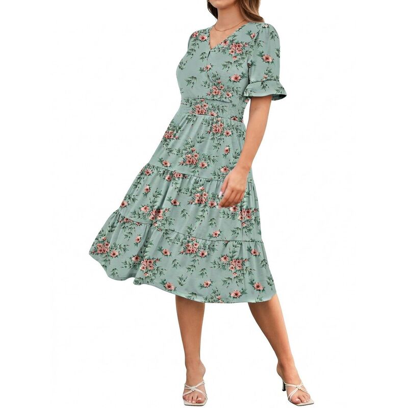 ジーグー レディース トップス ワンピース フリル裾 Vネック A ライン フラワー柄 フリル ミディ フラワー Zeagoo Floral Midi A-Line Dress Women's Boho V-Neck Spring Summer Dress Layeruffle Hem Cute Dress Mint Green Floral グリーン|ReVida 店