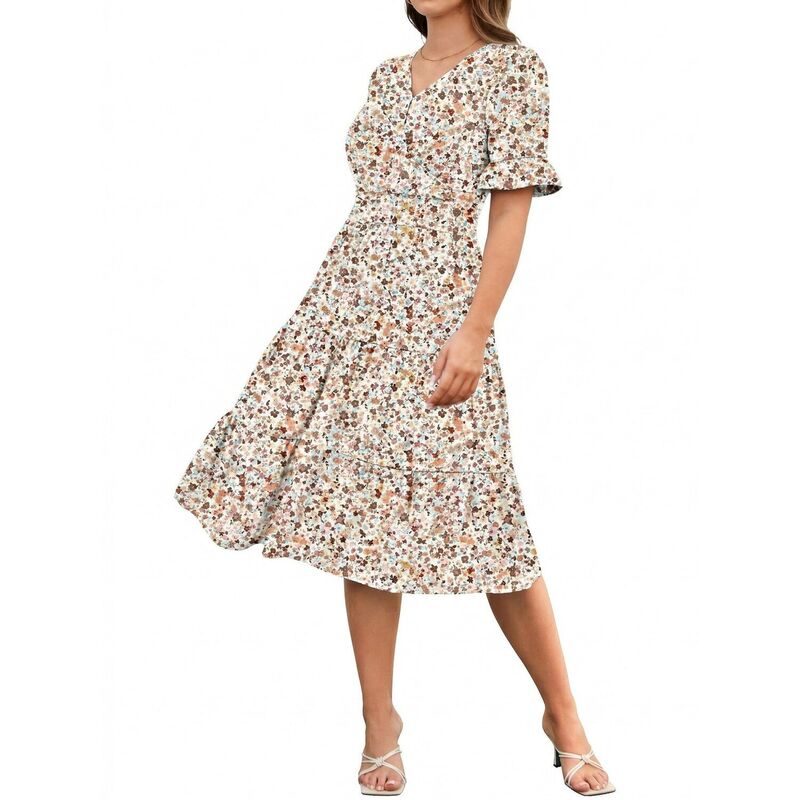 ジーグー レディース トップス ワンピース フリル裾 Vネック A ライン フラワー柄 フリル ミディ フラワー Zeagoo Floral Midi A-Line Dress Women's Boho V-Neck Spring Summer Dress Layeruffle Hem Cute Dress Neutral Floral|ReVida 店