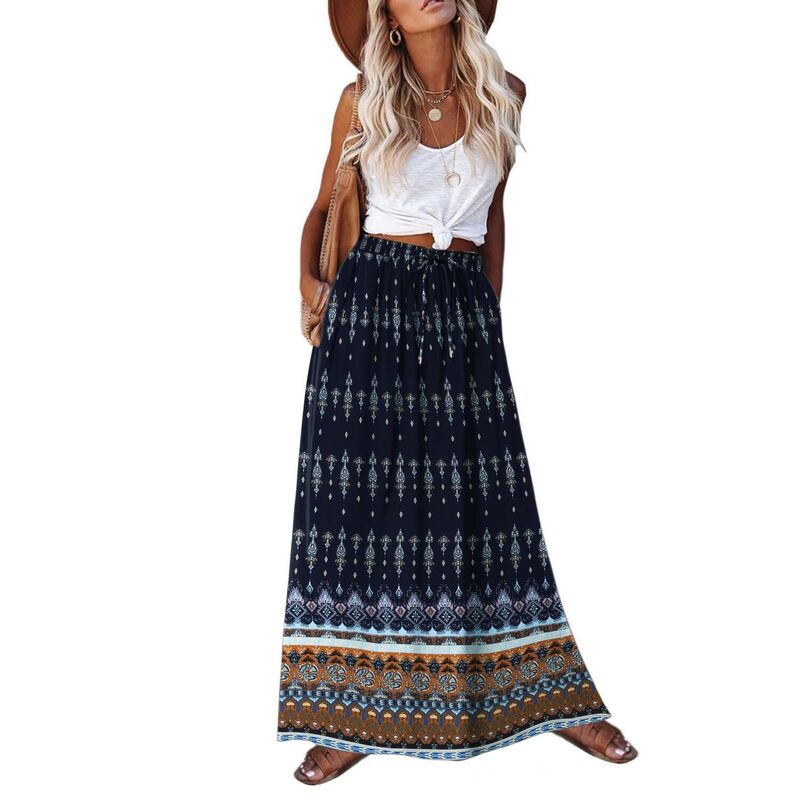 ジーグー レディース ボトムスカート A ライン ハイウエスト フラワー柄 プリーツ ミディ フラワー Zeagoo Women's Pleated A Line Midi Boho Skirts Floral Ethnic High Waist Beachawaiian Skirts Black Navy ブラック|ReVida 店
