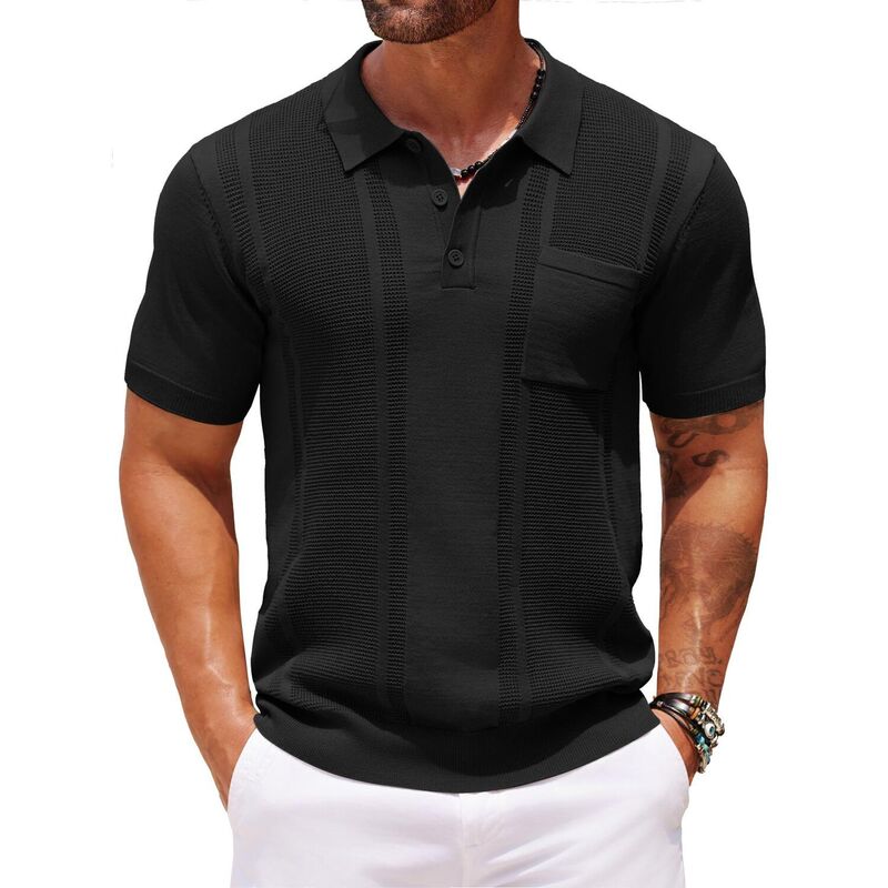 クーファンディ メンズ トップス Tシャツ スリムフィット ポロシャツ ニット COOFANDY Knit Polo Shirts for Men Short Sleeve Textu red Polo Shirt Slim Fit Summer Colla red T Black ブラック｜ReVida 店