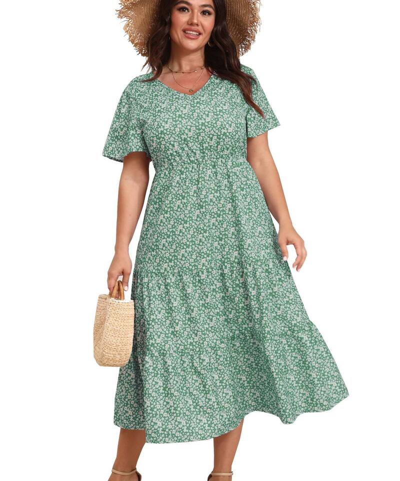 ファンジュライ レディース トップス ワンピース Vネック フラワー柄 プラスサイズ プリント フラワー FUNJULY Plusize Dress for Women Casual V Neck Floral Print Summer Beach Dress Green グリーン｜ReVida 店