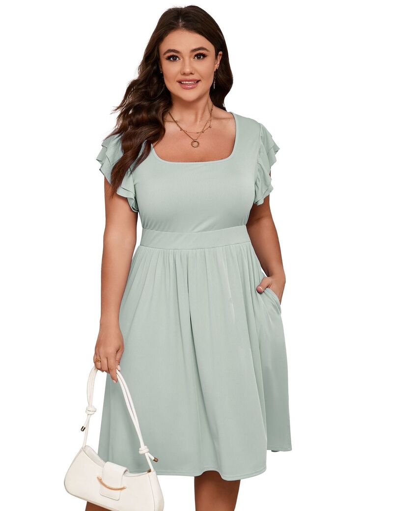 ファンジュライ レディース トップス ワンピース プラスサイズ FUNJULY Women Plusize Dressesquare Neck Flutter Short Sleeve Dress with Pockets Light Green グリーン|ReVida 店