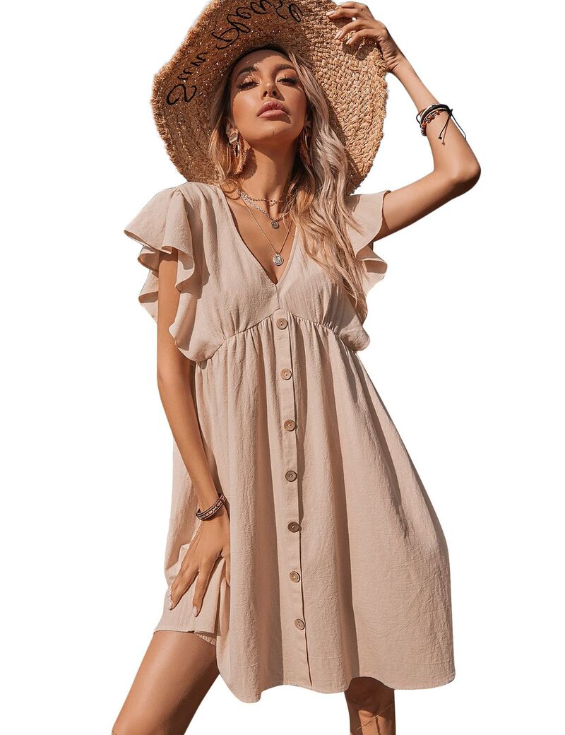 クリアラブ レディース トップス ワンピース Vネック ボタンダウン フリル ミディ ダウン Clearlove Women's Casual Summer Dresses Ruffle Sleeves V-Neck Button Down Midi Swing Party Dress Apricot アプリコット|ReVida 店