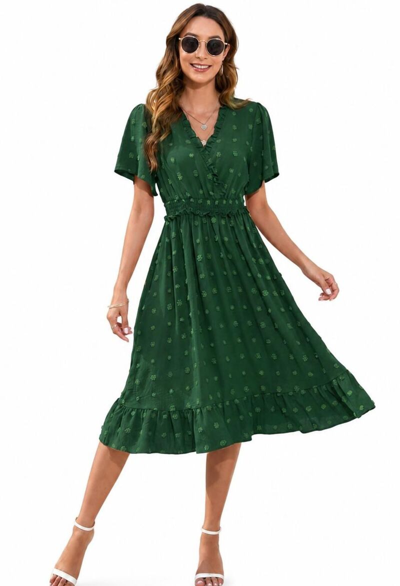 エリートチョイス レディース トップス ワンピース Vネック ハイウエスト ミディ Elitechoice Women's High Waist Short Sleeve V Neck Midi Casual Dress Green グリーン|ReVida 店