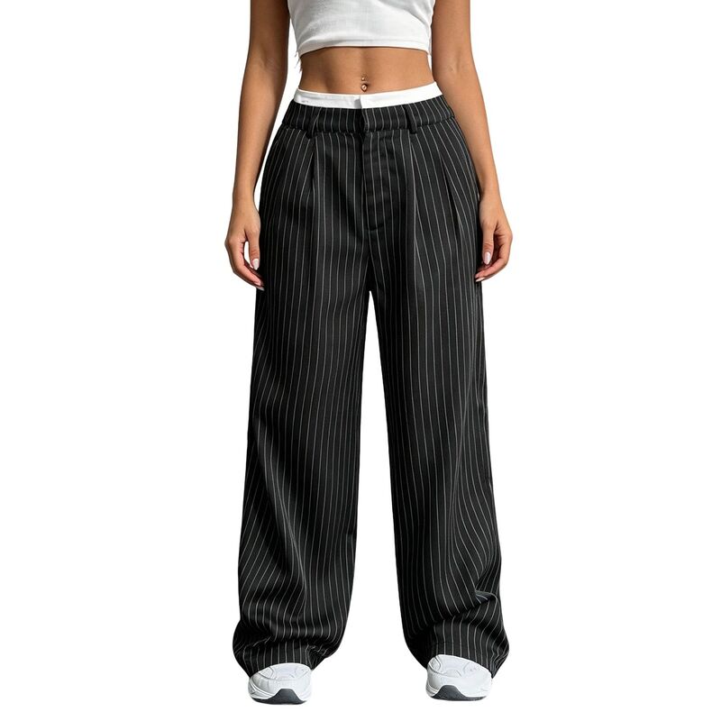 クリアフラワー レディース ボトムス カジュアルパンツ ワイドレッグ ストレート コントラスト ClearFlower Women's High Waisted Wide Leg Pants Contrast Waistraight Leg Trousers for Casual Office Black ブラック｜ReVida 店