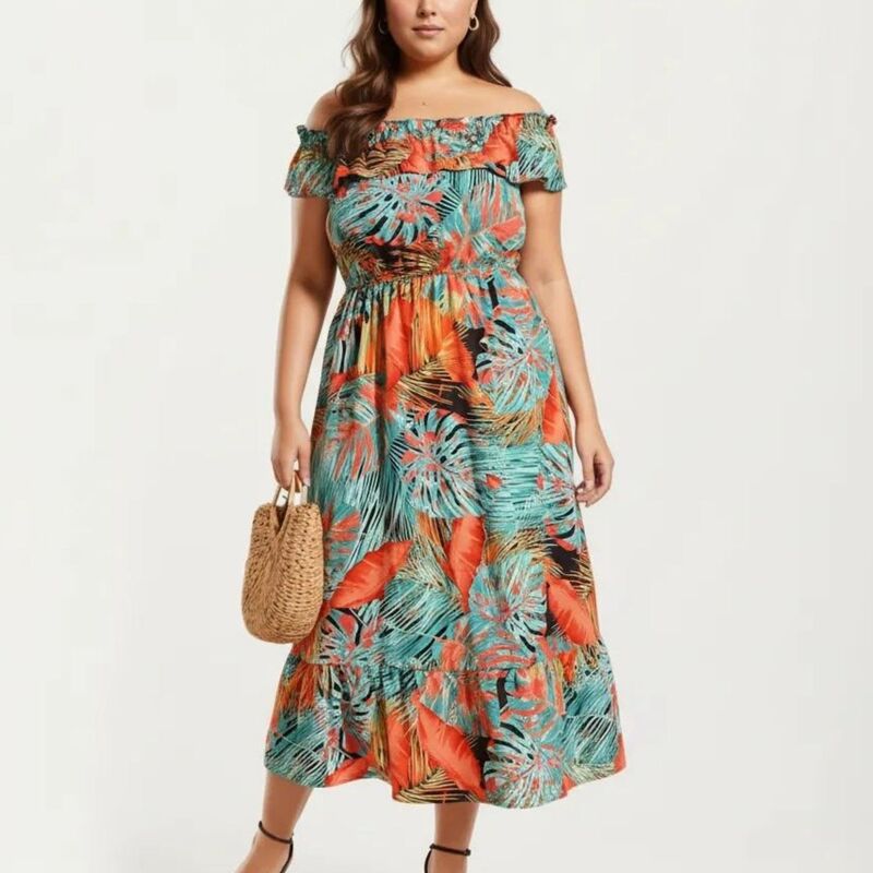 アンナカシ レディース トップス ワンピース ティアード プリント フリル ミディ Anna-Kaci Off Shoulder Tropical Print Midi Dress with Ruffle Necklinelastic Waistie red Hem Flowy Dress Orange オレンジ|ReVida 店