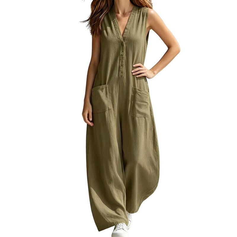 クリアフラワー レディース トップス ワンピース ワイドレッグ Vネック ロンパース ノースリーブ ジャンプスーツ ClearFlower Women Sleeveless Jumpsuit V Neck Casual Wide Leg Romper with Pockets Army Green グリーン|ReVida 店