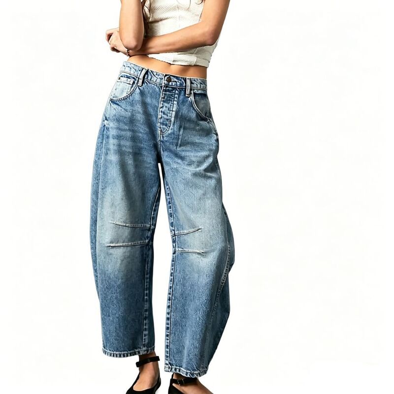 クリアラブ レディース ボトムス デニムパンツ ワイドレッグ ヴィンテージーンズ Clearlove Women's Mid Rise Loose Barrel Jeans Vintage Washed Wide Leg Denim Pants Dark Blue ブルー|ReVida 店