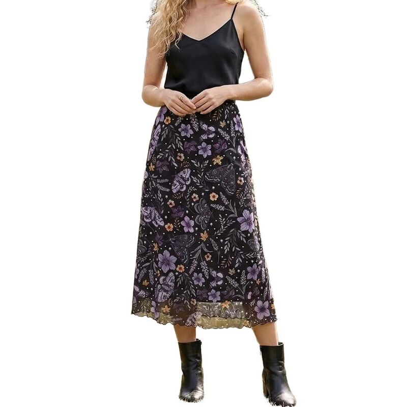 イエスファッション レディース ボトムスカート A ライン フラワー柄 メッシュ ミディ フラワー Yesfashion Women's Floral Mesh Elastic High Waisted A Line Flowy Midi Skirts Black ブラック｜ReVida 店 11,005円