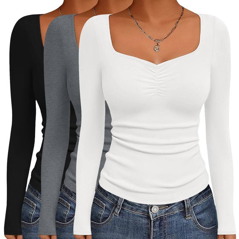エコアー レディース トップス Tシャツ スリムフィット Ekouaer Womens Long Sleeve Sweetheart Neck T Shirts Three Pack Slim Fitops Base Layer Undershirts Black Light Gray White ホワイト｜ReVida 店