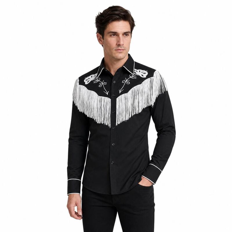 ジョイジョイ メンズ トップス Tシャツ ボタンダウン フラワー柄 ダウン 刺繍 フリンジ フラワー JoyJoy Men's Western Fringe Floral Embroide red Long Sleeve Cowboy Shirt Lapel Button Down Top Black White ホワイト｜ReVida 店