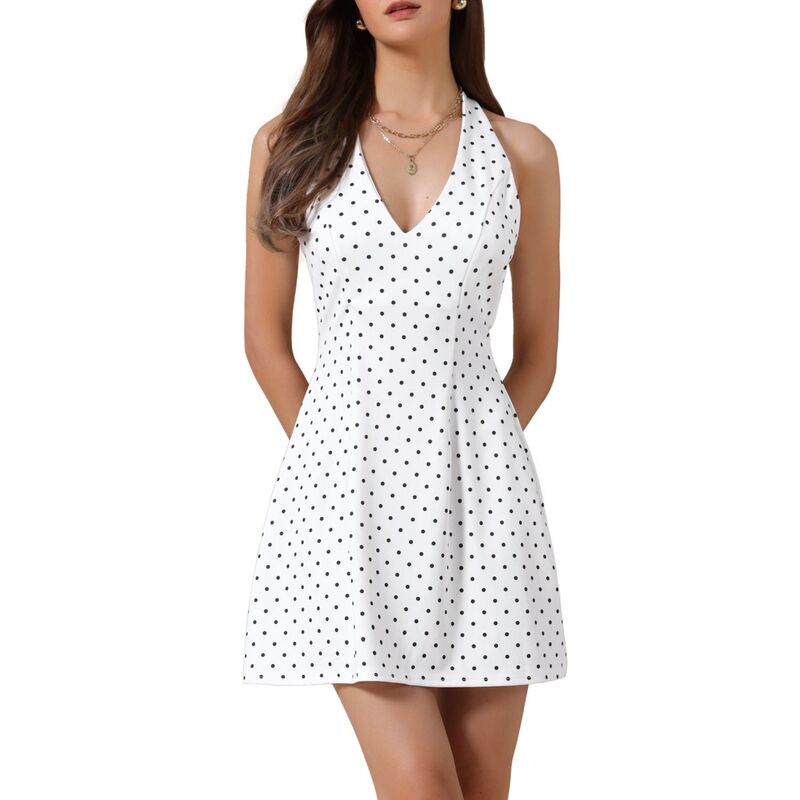 インスパイア シック レディース トップス ワンピース ドット ミニ ノースリーブ ホルター INSPIRE CHIC Polka Dots Dresses for Women's Halter Neck Sleeveless Mini Dress White ホワイト|ReVida 店