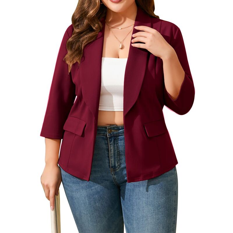 クリアフラワー レディース アウター ジャケット・ブルゾン プラスサイズ ブレザー ClearFlower Women's Plusize Blazer Shawl Collar 3/4 Sleeve Casual Jacket Wine Red レッド｜ReVida 店 10,426円
