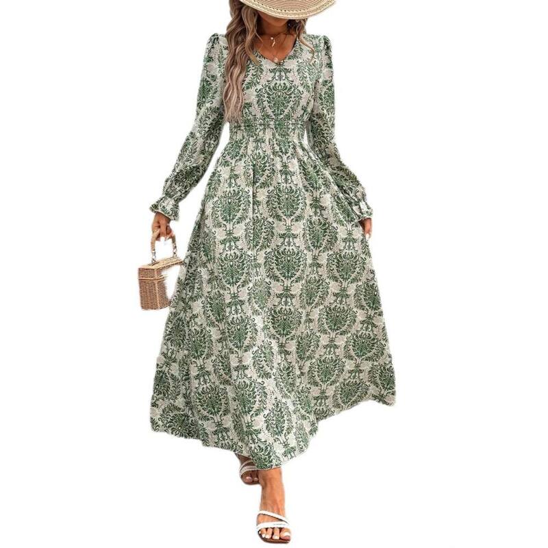 イエスファッション レディース トップス ワンピース Vネック フラワー柄 ミディ シャーリング マキシ フラワー Yesfashion Women's Fall Dresses Boho Long Sleeve Flowy Casual Floral Maxi Dress V Neck Smocked Midi Dress Green Damask グリーン|ReVida 店