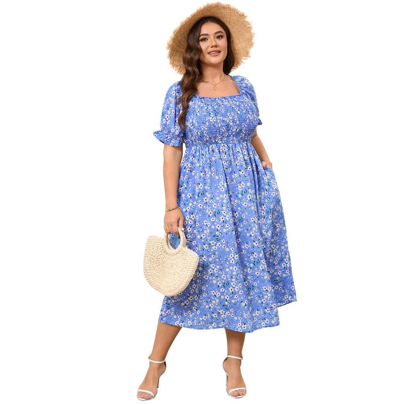セオリア レディース トップス ワンピース フラワー柄 プラスサイズ フラワー Seoria Plusize Women Square Neck Puff Short Sleeve Floral Dress Light Blue ブルー｜ReVida 店