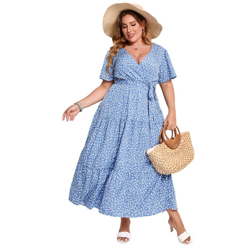 エリートスピリット レディース トップス ワンピース Vネック ティアード プラスサイズ マキシ EliteSpirit Plusize Wrap Summer Maxi Dress - V-Neck Tieredress with Belt Blue Flower White ホワイト｜ReVida 店