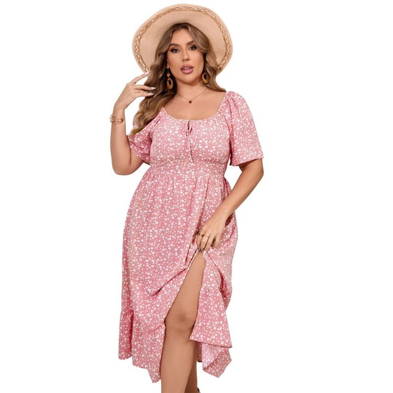ボディサイズ レディース トップス ワンピース プラスサイズ フリル ミディ レース BODDYSIZE Women's Plusize Ruffled Long Dressquare Neck Lace-Up Slit Waist Fitted Midi Dress with Pockets Pink ピンク|ReVida 店