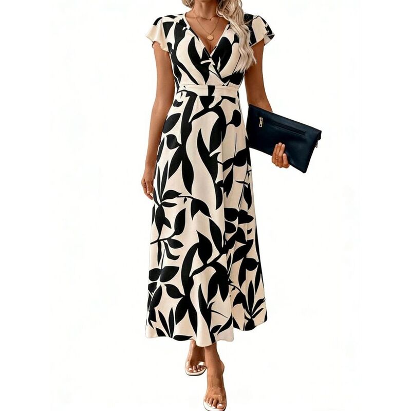 イエスファッション レディース トップス ワンピース Vネック A ライン フラワー柄 キャップ フラワー Yesfashion Women's Casual Dressy Floral Dress V Neck Cap Sleeves Wrap Front A Line Dresses Apricot アプリコット｜ReVida 店