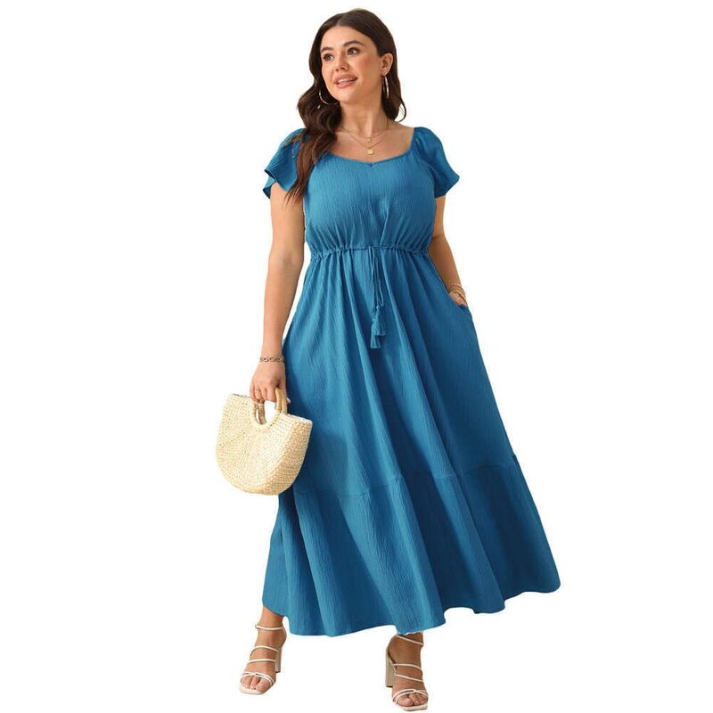 エリートスピリット レディース トップス ワンピース ハイウエスト プラスサイズ EliteSpirit Plusize Women Dresshort Sleeves High Waist Casual Summer Dress with Pocket Peacock Blue ブルー｜ReVida 店