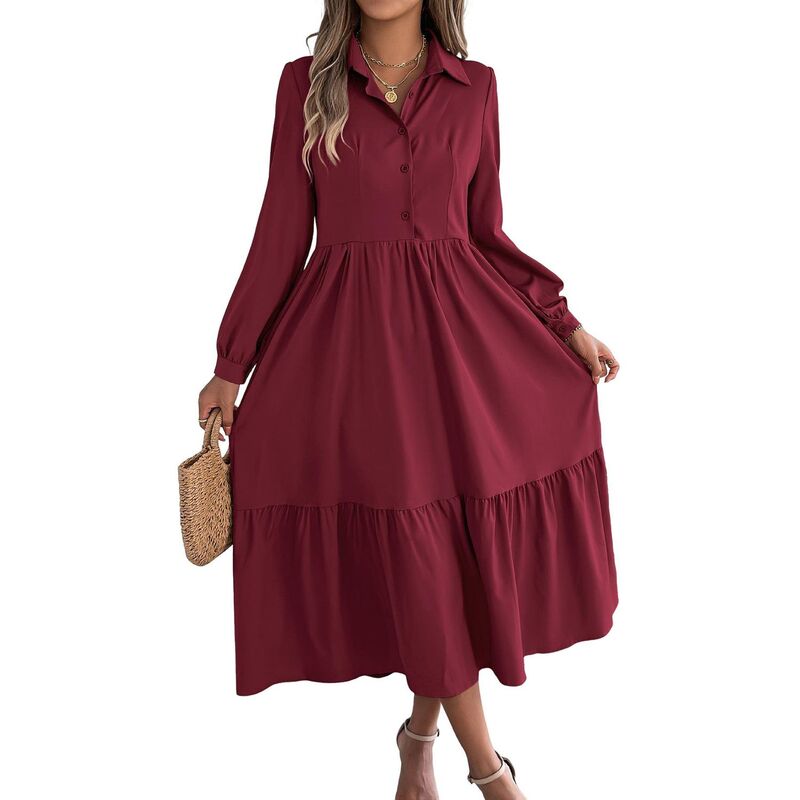コジョイン レディース トップス ワンピース ボタンダウン シャツ ダウン マキシ Kojooin Women Long Sleeve Maxi Dress Casual Button Down Shirt Dress Burgundy バーガンディ｜ReVida 店