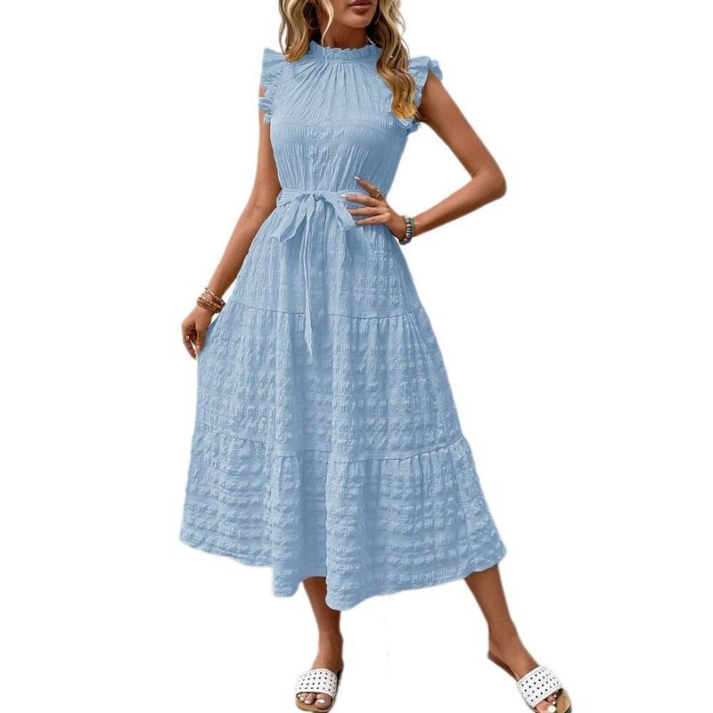 ボディサイズ レディース トップス ワンピース ティアード クルーネック ミディ シャーリング BODDYSIZE Women'summer Casual Crew Neck Flutter Short Sleeve Dressmocked Elastic Waistie red Midi Dress Light Blue ブルー|ReVida 店