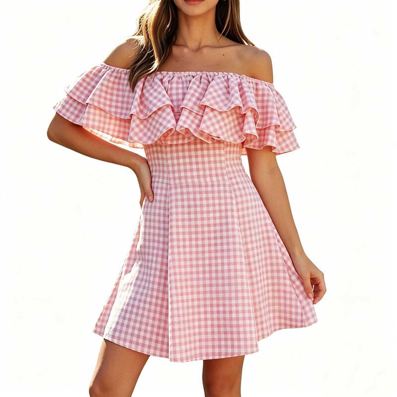 エリートスピリット レディース トップス ワンピース フリル ミニ EliteSpirit Women's Checke red Off Shoulder Dress, Ruffle Neck Casual Mini Dress for Everyday Pink ピンク|ReVida 店