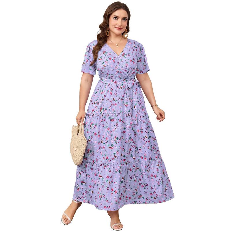 クリアフラワー レディース トップス ワンピース フリル裾 ティアード フラワー柄 フリル マキシ ClearFlower Lightweight Floral Wrap Maxi Dress Tie red Ruffle Hem Adjustable Waist Flutter Sleeves for Summer Purple パープル|ReVida 店