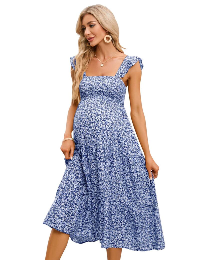 クリアラブ レディース トップス ワンピース フリル ミディ シャーリング マタニティ Clearlove Maternity Square Neck Smocked Sundress Ruffle Strap Flare Midi Blue Flower ブルー｜ReVida 店 10,570円