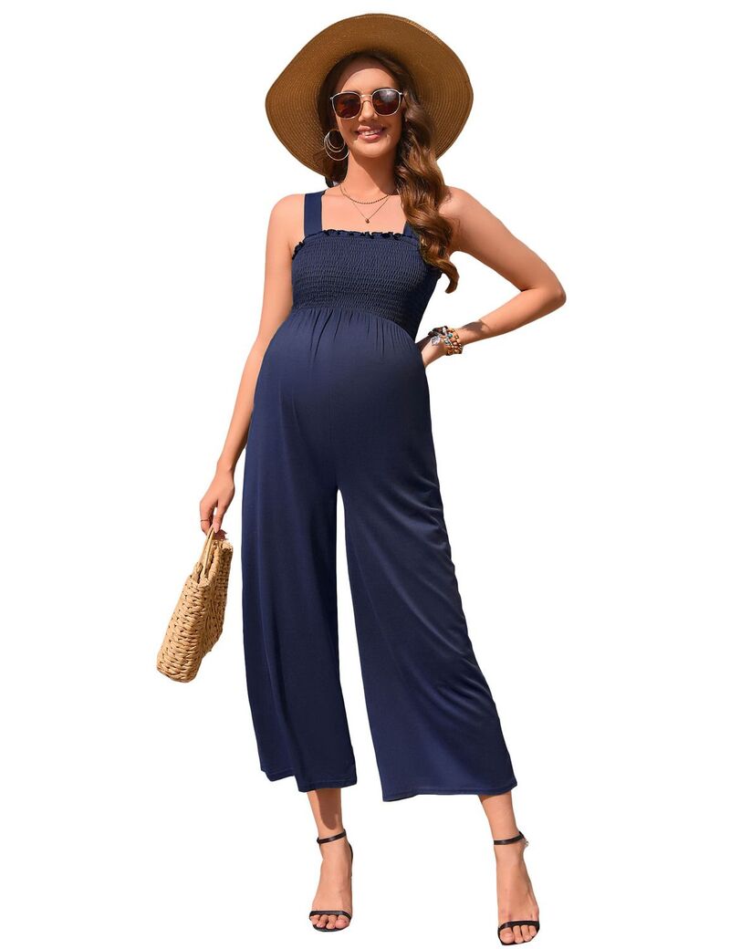 クリアラブ レディース トップス ワンピース ワイドレッグ ロンパース ノースリーブ シャーリング ジャンプスーツ Clearlove Women'smocked Wide Leg Jumpsuit Sleevelessquare Neck Romper Navy Blue ネイビー｜ReVida 店