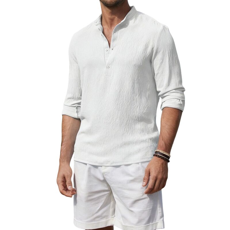 クリアフラワー メンズ トップス Tシャツ ClearFlower Men'stand Collar Long Sleeve Shirt Casual Beach Tunic Top White ホワイト｜ReVida 店