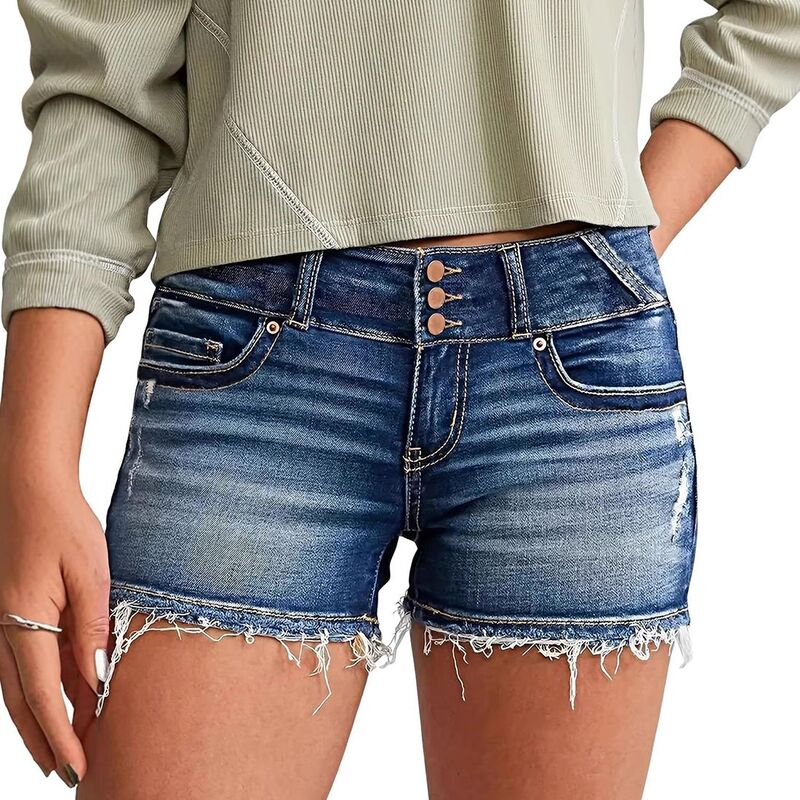 クリアフラワー レディース ボトムス ハーフパンツ・ショーツ ショートパンツ デニム ClearFlower Women's Mid-Rise Triple Button Denim Shorts Distressed Frayed Hem Stretchy Summer Jean Shorts Blue ブルー｜ReVida 店