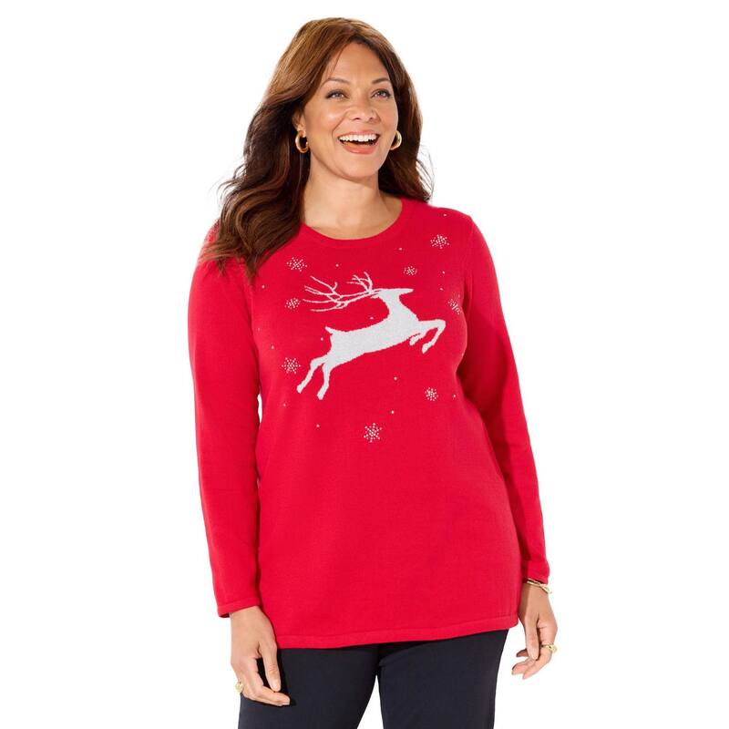 キャサリンズ レディース アウター ニット・セーター プラスサイズ Catherines Women's Plusize Cozy Whimsy Sweater Classic Red Reindeer レッド｜ReVida 店