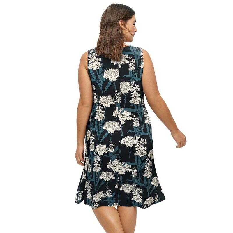 Ellos レディース トップス ワンピース プラスサイズ ノースリーブ ニット ジャージー Ellos Plusize Stretch Jersey Knit Sleevelesscoop Neck Fit And Flare Dress Black Ivory Floral アイボリー｜ReVida 店
