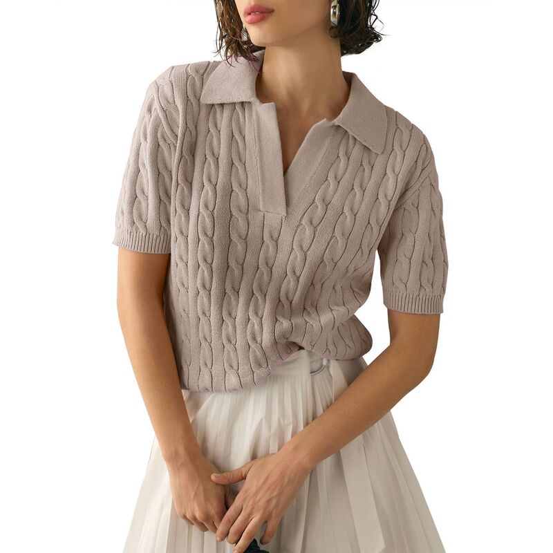 コジョイン レディース アウター ニット・セーター Vネック シャツ Kojooin Womenshort Sleeve Sweaters Tops V Neck Lapel Cable Knit Sweater Casual Summer Pullover Shirt Grey グレー｜ReVida 店