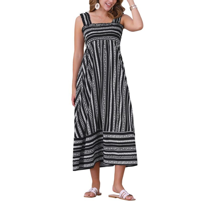 インスパイア シック レディース トップス ワンピース プリント ノースリーブ シャーリング マキシ INSPIRE CHIC Sleevelessummer Dress for Women'smocked Printed Vacation Boho Maxi Dresses Black ブラック|ReVida 店