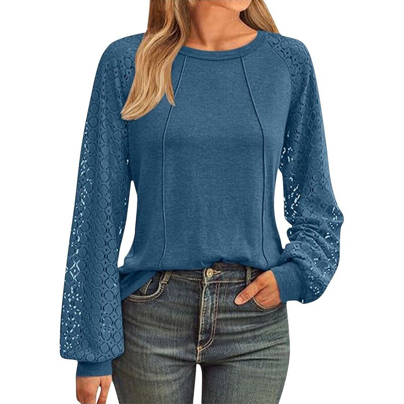 コジョイン レディース トップス シャツ クルーネック ブラウス レース Kojooin Women Business Casual Tops Lace Hollow Out Long Sleeve Shirts Crew Neck Fashion Blouse Blue ブルー｜ReVida 店