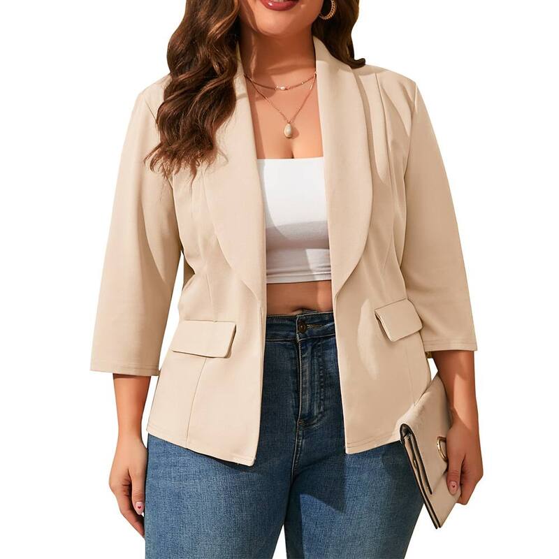クリアフラワー レディース アウター ジャケット・ブルゾン プラスサイズ ブレザー ClearFlower Women's Plusize Blazer Shawl Collar 3/4 Sleeve Casual Jacket Apricot アプリコット｜ReVida 店