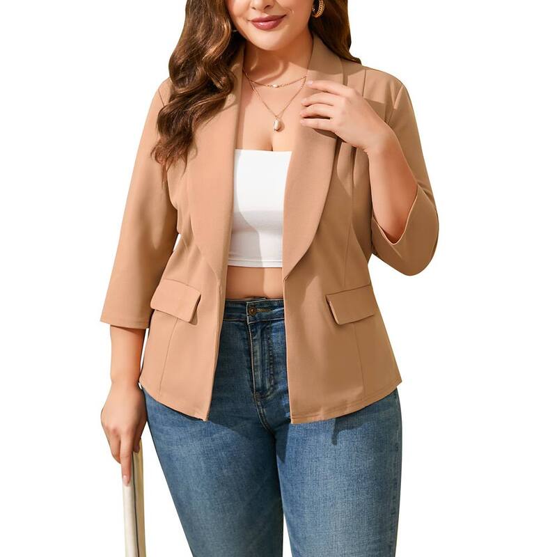 クリアフラワー レディース アウター ジャケット・ブルゾン プラスサイズ ブレザー ClearFlower Women's Plusize Blazer Shawl Collar 3/4 Sleeve Casual Jacket Deep Khaki カーキ｜ReVida 店