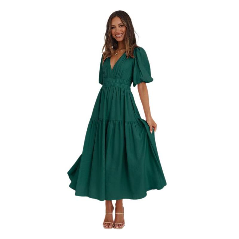 イエスファッション レディース トップス ワンピース Vネック ミディ Yesfashion Womenshort Sleeve Dress V Neck Elastic Waist Formal Weddinguest Evening Party Midi Summer Dress Green グリーン|ReVida 店