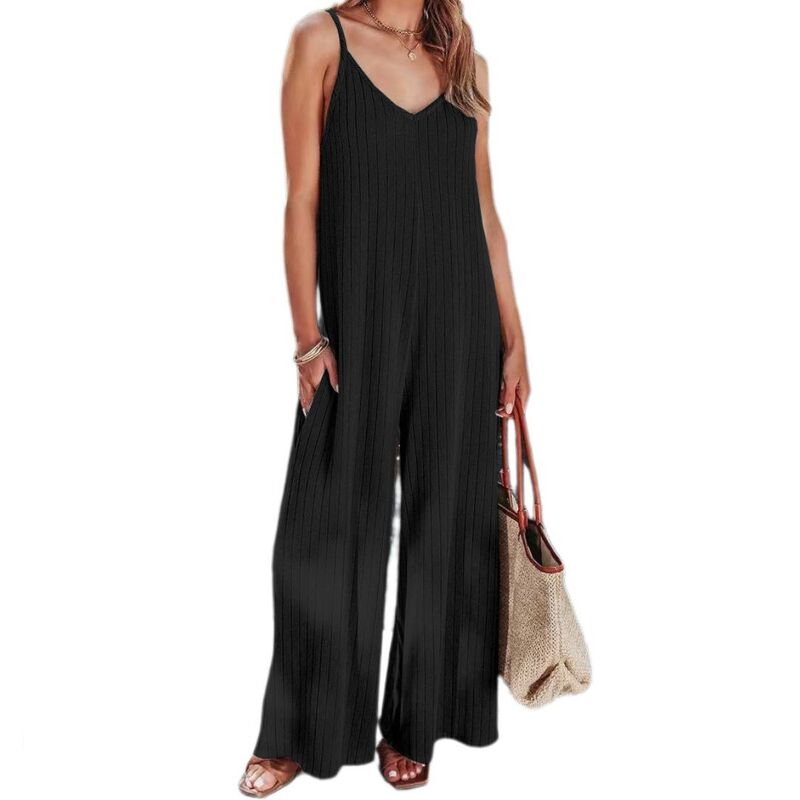 イエスファッション レディース ボトムス カジュアルパンツ ワイドレッグ Vネック ロンパース ジャンプスーツ Yesfashion Women V Neck Spaghetti Strap Wide Leg Dressy Jumpsuits Casual One Piece Romper Outfits Pockets Black ブラック|ReVida 店