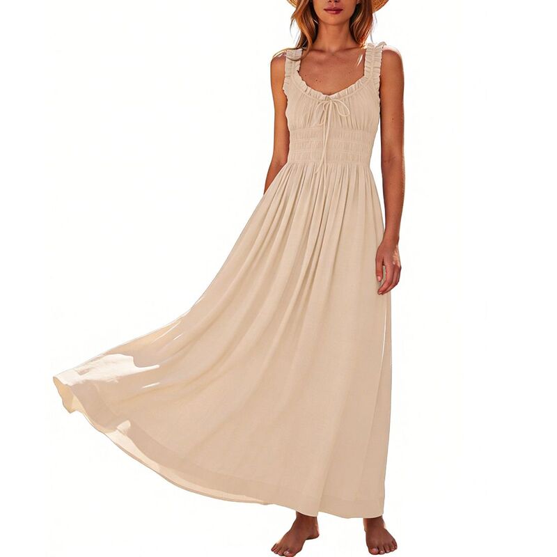 エリートスピリット レディース トップス ワンピース フリル ノースリーブ シャーリング マキシ EliteSpirit Women'sleeveless Maxi Dress with Ruffled Shoulder Strapsmocked Bodice and Frontie Beige ベージュ｜ReVida 店