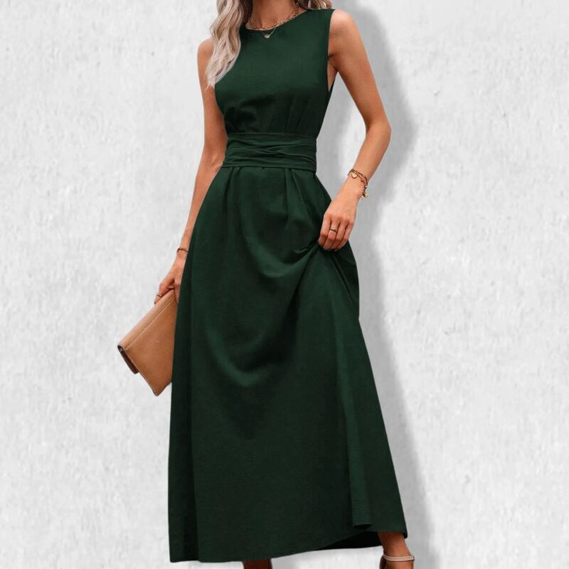 クリアフラワー レディース トップス ワンピース ミディ ノースリーブ ClearFlower Women's Round Neck Tie Waist Sleeveless Dress - Self-Tie Belt Midi Shift Dress Green グリーン｜ReVida 店 9,926円