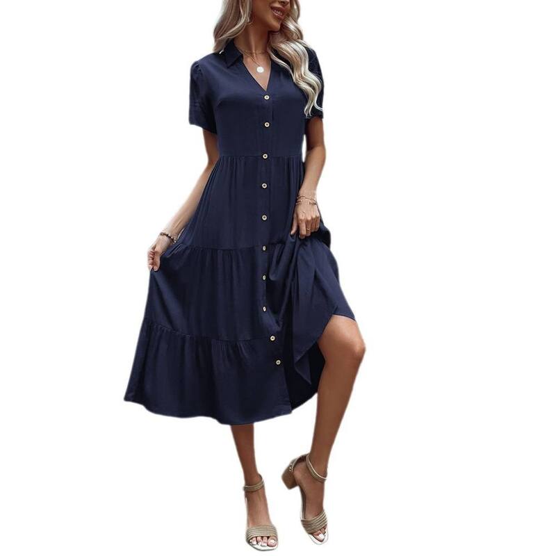 イエスファッション レディース トップス ワンピース Vネック ティアード フリル ミディ シャツ Yesfashion Women's V Neck Midi Shirt Dresshort Sleeves Button Frontie red Ruffle for Casual Office Wear Navy Blue ネイビー|ReVida 店
