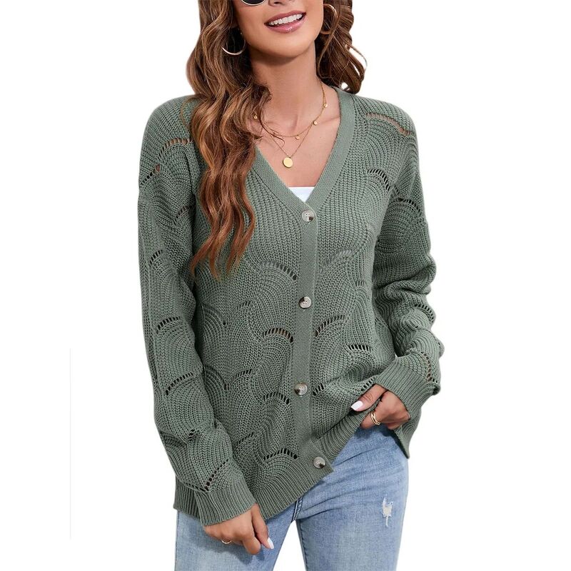 クリアフラワー レディース アウター ニット・セーター カーディガン ClearFlower Women's Crochet Cardigan Lightweight Long Sleeve Hollow Out Kint Outwear Sweater Bean Green グリーン｜ReVida 店