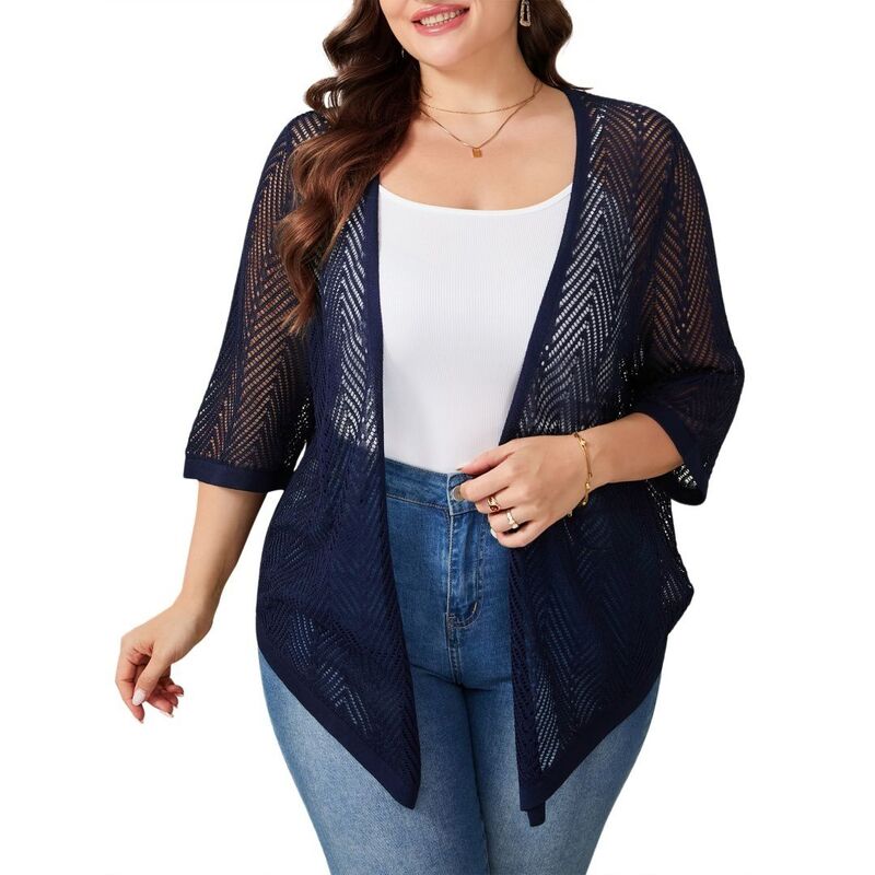 エリートスピリット レディース アウター ニット・セーター プラスサイズ カーディガン EliteSpirit Women's Plusize 3/4 Sleeves Cardigan Knitted Casual Open Front Sweateroyal Blue ブルー|ReVida 店
