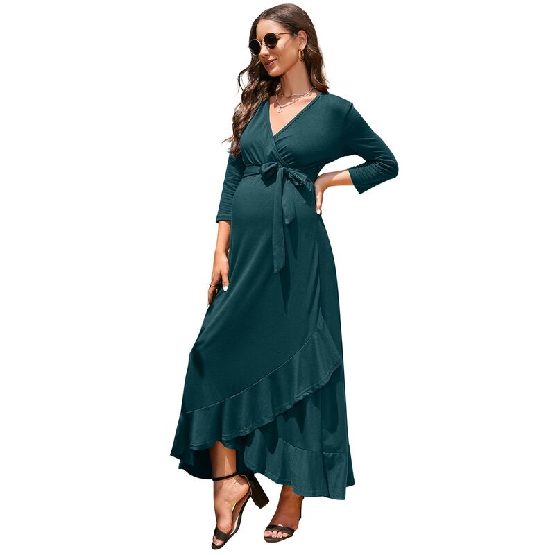 セオリア レディース トップス ワンピース Vネック A ライン ハイウエスト フリル マタニティ マキシ Seoria Women's Maternity Dress V neck 3/4 Sleeve Ruffle Long Dress High Waist A Line Maxi Dress with Belt Dark Green グリーン｜ReVida 店