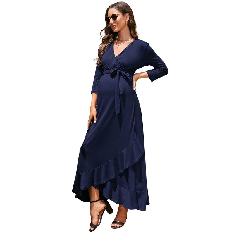 セオリア レディース トップス ワンピース Vネック A ライン ハイウエスト フリル マタニティ マキシ Seoria Women's Maternity Dress V neck 3/4 Sleeve Ruffle Long Dress High Waist A Line Maxi Dress with Belt Navy Blue ネイビー｜ReVida 店