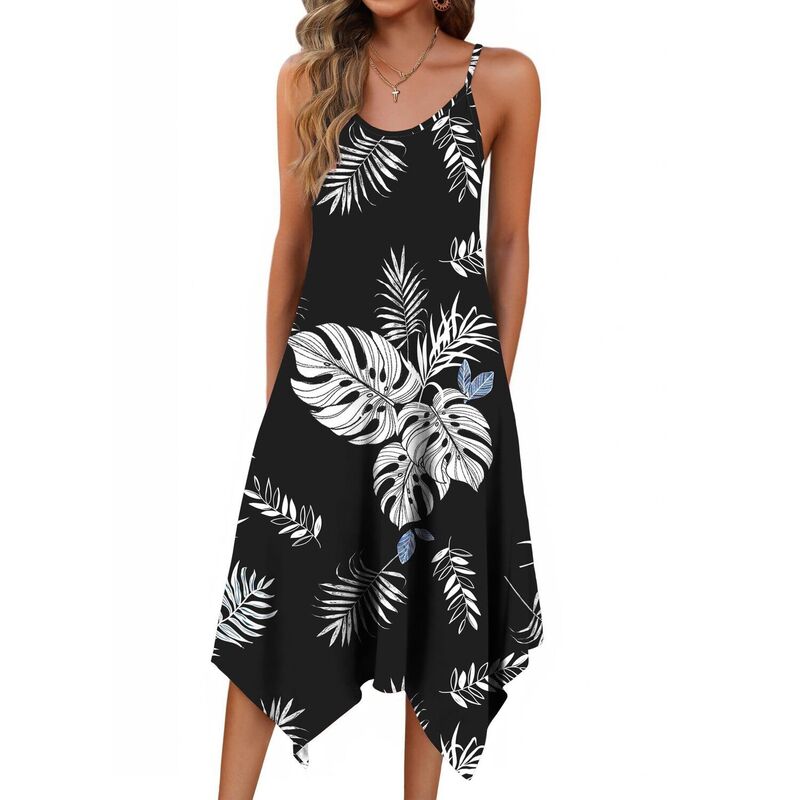 ジーグー レディース トップス ワンピース フラワー柄 ミディ ノースリーブ フラワー Zeagoo Women'spaghetti Strap Floral Midi Beach Dressleeveless Boho Sundress with Pockets Black Leaf ブラック｜ReVida 店